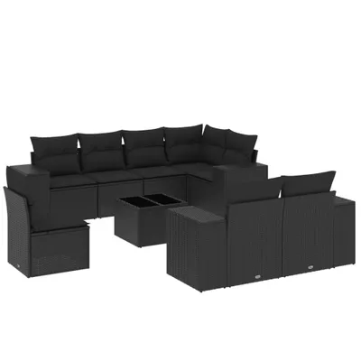 Produktbild von 9-tlg. Garten-Sofagarnitur mit Kissen Schwarz Poly Rattan