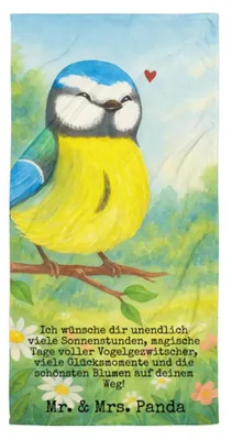Produktbild von Mr. & Mrs. Panda Strandtuch Vogel Blaumeise Design - Weiß - Geschenk, Badehandtuch, Liebe Grüße, Frühling, Osterhase, Ostern, Großes Handtuch, Duschtuch, Ostergrüße