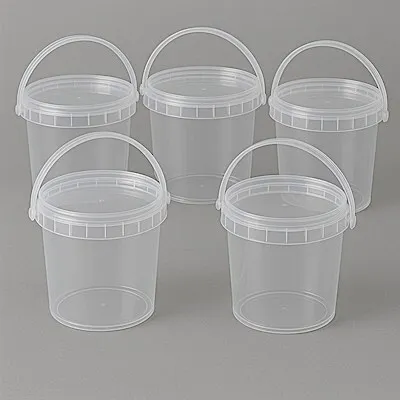 Produktbild von Kunststoffeimer transparent durchsichtig mit Deckel 2,3 Liter - 5 Stück - lebensmittelecht, stabil, luftdicht - Plastikeimer mit Henkel - leer
