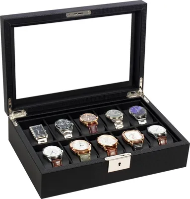 Productafbeelding van Horlogebox met 10 vakken, glazen deksel, metalen slot, sleutel, zwart
