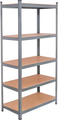 A gray metal shelving unit with five wooden shelves, shown against a white background.