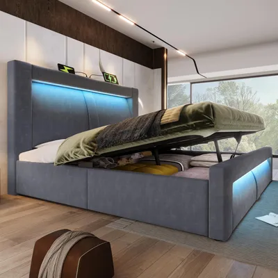 Produktbild von MODFU Doppelbett 180x200 Polsterbett mit Stauraum und LED-Beleuchtung,Bettgestell mit USB- & Type-C-Ladeanschlüsse,ohne Matratze,Grau