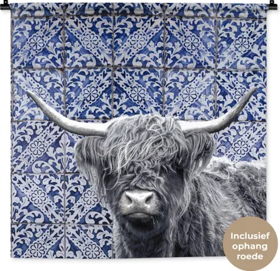 Produktbild von MuchoWow® Wandteppich Wandbehang Schottisches Hochlandrind - Delfter Blau - Schwarz - Weiß 90x90 cm Tapisserie Dekoration Wandtuch - Wandaufhänger