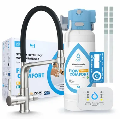 Image de Robinet de cuisine 3 voies, flexible, en acier inoxydable, avec douchette extractible. Livré avec le système de filtration d'eau Dafi D1, à installer sous l'évier