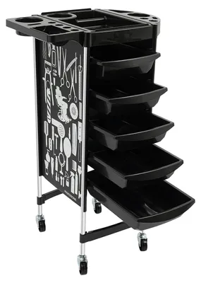 Immagine prodotto di Carrello per parrucchiere - Carrello salone - 6 ripiani - 5 cassetti - 4 ruote piroettanti - Capacità di carico 80 kg - Acciaio inossidabile, dimensioni 36x90 cm - Colore nero