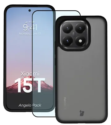 Produktbild von Schutzhülle + gehärtetem Glas Bizon Angelo Pack für Xiaomi 15T, Getönte mit schwarzem Rahmen