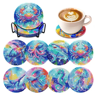 Diamantmalerei-Untersetzer-Set, 8 Stück, Ozean-Motiv, DIY, rund