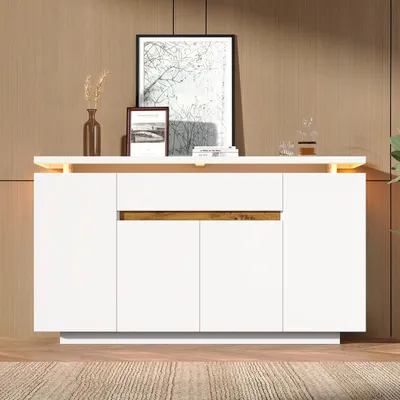 Produktbild von Flieks Sideboard mit LED-Beleuchtung , Kommode mit 1 Schublade und 4 Türen, Buffet für Wohnzimmer, Flur oder Küche, Weiß
