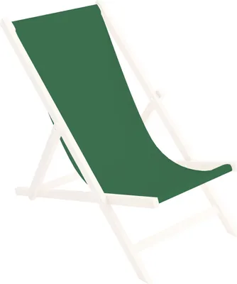 A green fabric deck chair with a white wooden frame, isolated on a white background.
