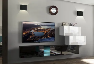 Produktbild von Furnitech Wohnwand Wohnzimmer - Wohnzimmer Möbel mit LED Weiß - Hängend Wohnwand Modern - Wohnzimmer Schrankwand mit Regale und TV Schrank (Troja AN85-17BW-HG24-1B)