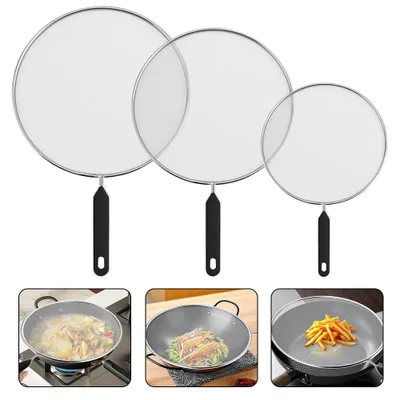 Obrázek produktu pro Ochrana proti stříkání pro pánve, sada 3 ks, nerezová ocel, s průměrem 25 cm/29 cm/33 cm, ochrana proti stříkání tuku s rukojetí, stříbrná