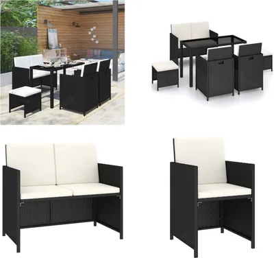 Produktbild von vidaXL 6 tlg. Garten Essgruppe mit Auflagen Poly Rattan Schwarz - Gartenmöbel-Set - Gartenmöbel-Sets - Gartentisch Und Stühle - Gartentische Und Stühle