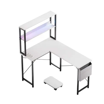 Produktbild von ZELURXX L-förmiger Gaming Schreibtisch, 148cm Computertisch, mit LED, Steckdose, USB, Regal, Ablage, beidseitig montierbar, Weiß