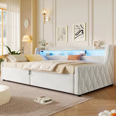 Produktbild von 90x200cm Samt Plattformbett mit hydraulischem Stauraum & LED-Beleuchtung Beige