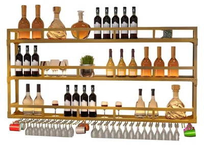 Immagine prodotto di Scaffale a parete per bottiglie di vino, in metallo, con 3 ripiani, altezza 150 cm, colore oro, con portabicchieri
