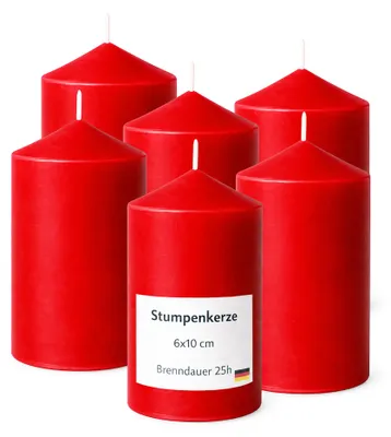 Imagen del producto de Velas tipo "stumpen" de 6 cm de diámetro x 10 cm de alto, color rojo, paquete de 6 unidades