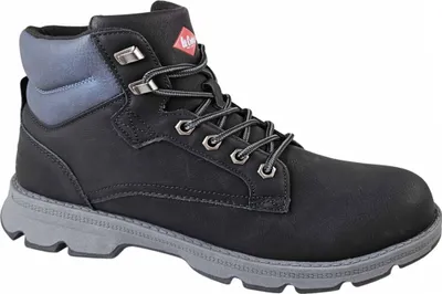A single black work boot is shown against a white background.