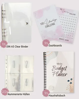 Produktbild von BeginnerBudget Finanzplaner Set A5 Deutsch, 100 Umschläge Spar-Challenge & 144 Seiten Haushaltsbuch für Bargeld Budgeting, Silber, Hochwertiges 90g Offsetpapier, robuster Clear Binder