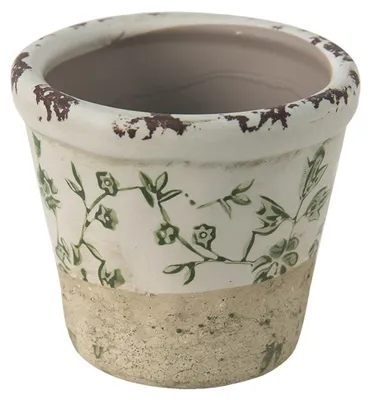 Productafbeelding van Clayre & Eef bloempot, diameter 8 cm, hoogte 7 cm, groen en wit, keramiek, met bladmotief