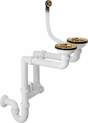 Produktbild von QLS Manueller Siphon 3 1/2 Zoll Ablauf für Doppelbecken Gold Edelstahl PVC 11438