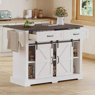 Image de Îlot de cuisine avec plan de travail rabattable, chariot de cuisine sur roulettes, armoire de cuisine avec portes coulissantes et tiroirs, meuble de rangement de style rustique, blanc, 120 x 45 (70) x 91 cm