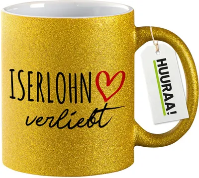Produktbild von Huuraa Glitzertasse Iserlohn verliebt 330ml Gold Keramik Kaffeebecher Geschenkidee