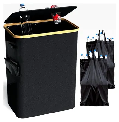 Produktbild von 140L Pfandflaschenbehälter, großer faltbarer Flaschensammler für Leergut mit Pfandtasche, 2 Fächer für Altglas mit Deckel & Loch für Küche, Abstellraum, Haushalt