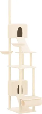 A tall, multi-level cat tree with scratching posts, platforms, and enclosed cubbies, presented against a white background.