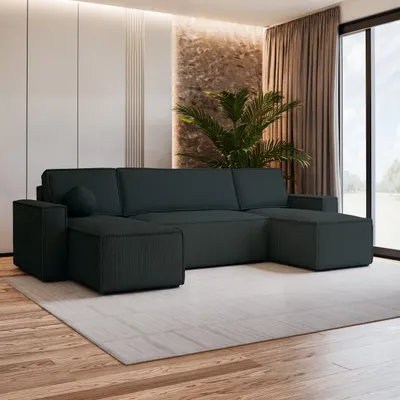 Produktbild von Masseno Ecksofa PESANO P mit Schlaffunktion U-Form, Sofa mit Bettkasten, Wohnzimmersofa, Couch, Soffa, Bettsofa, Couchgarnitur- Schwarz, POSO 135