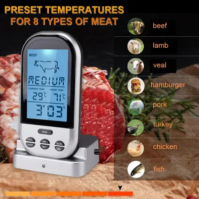 Obrázek produktu pro Digitální teploměr na maso Bezdrátový dálkový teploměr na potraviny pro maso a ryby Časovač Vodotěsný teploměr na grilování a barbecue pro vaření a grilování