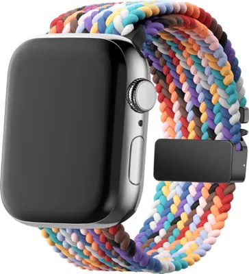 Produktbild von Bandz Geflochtenes Nylonarmband mit Fallschirmverschluss – passend für Apple Watch Serie 1/2/3/4/5/6/7/8/9/10/SE – iWatch-Nylonarmband für kleine Größen: 38/40/41/42 mm (Regenbogenfarbe)