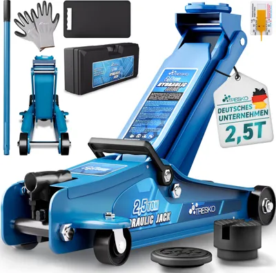 Immagine prodotto di TRESKO® Martinetto idraulico per auto 2,5T altezza di sollevamento 85-385 mm con valigetta di trasporto | Martinetto idraulico per auto piatto per auto ribassate e rulli a 360° incl. tappetino in gomma 2X, tappetino di protezione, guanti, coltello per profili