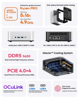 Obrázek produktu pro Mini PC – MACO – AMD Ryzen 7 H255 – 24 GB DDR5 RAM – 1 TB SSD – Grafická karta Radeon 780M – WiFi 6 – Windows 11