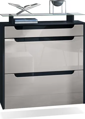 Produktbild von Vladon Schuhschrank Annie, Schuhkipper für 16 Paar Schuhe mit 2 Klappen, 1 Schublade und Glasablage, Schwarz matt/Sandgrau Hochglanz/Schwarz Hochglanz (89 x 96 x 23 cm)