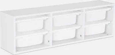 A white storage unit with six white plastic bins, arranged in two rows of three.