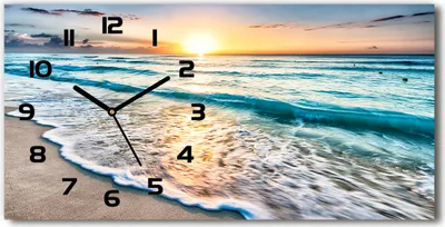 Immagine prodotto di Orologio da parete in vetro – 60x30 cm - Quadro in vetro - Orologio in vetro - Vetro temperato - Lancette nere - Tramonto sulla spiaggia