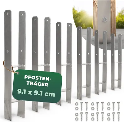 Produktbild von Novatool 6x Einschlagbodenhülsen-Set H-Form 91x91x600 mm, Bodenhülse Sonnenschirm Pfostenträger Zaunpfosten Holzpfosten Bodenhülsen Einschlaghülse Erdspieß zum Einschlagen, verzinkt, mit Schrauben