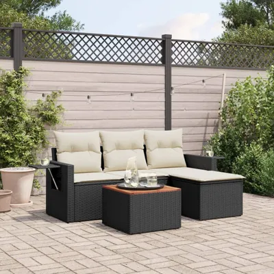 Produktbild von Design 5-tlg. Garten-Sofagarnitur mit Kissen Schwarz Poly Rattan, Gartenmöbel-Sets 2024 Neu