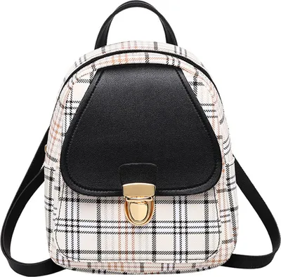 Produktbild von Schwarzer 19-Zoll-Rucksack für Damen, kleiner Rucksack mit süßem Karomuster und Metallschnalle, Mini-Tasche, Reiserucksack für Mädchen