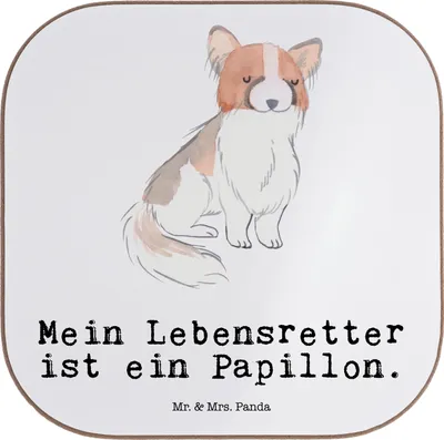 Produktbild von Mr. & Mrs. Panda Untersetzer Tasse Papillon Lebensretter - Weiß - Geschenk, Flaschenuntersetzer, Teeuntersetzer, Glas, gläseruntersetzer, Kontinentaler Zwergspaniel