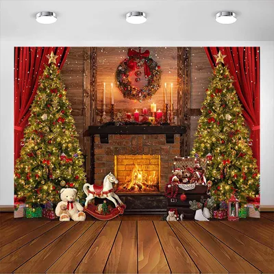 Image de Décoration de Noël - Cheminée et sapin avec un ours en peluche - 2,1 x 1,5 mètres