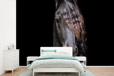 Produktbild von MuchoWow® Fototapete für Wohnzimmer oder Schlafzimmer Wandtapete Vinyl Motivtapete Pferde - Friesisch - Mähne - Schwarz - Tiere - 360x240 cm - Vinyl-Tapete