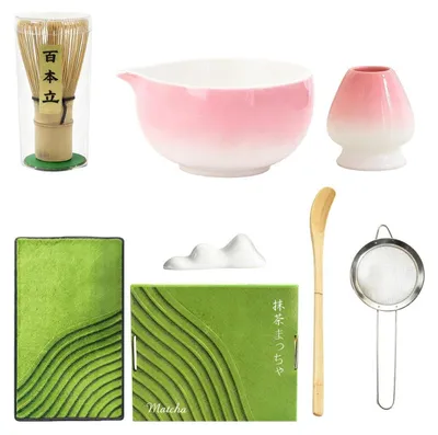 Produktbild von Matcha Set 7-teilig Rosa Keramikschale Bambusbesen Löffel Sieb Halter Tuch