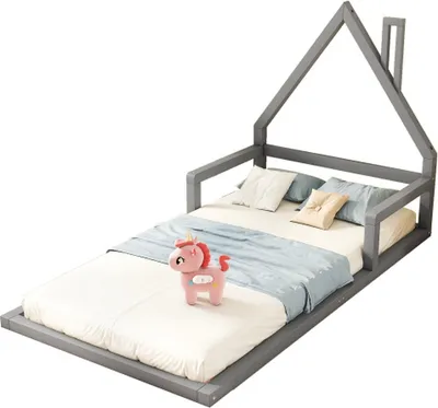 Image de Lit pour enfant - Lit plat - Forme de maison - Bois massif en pin - Forme simple - 90*200 cm - Gris