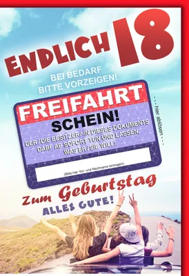 Produktbild von 18. Geburtstag Glückwunschkarte mit Briefumschlag Freifahrt Schein