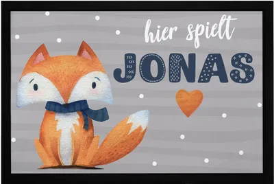 Produktbild von Fußmatte Kinderzimmer personalisiert mit Name Fuchs Fox Skandi Stil Türvorleger Kind rutschfest & waschbar SpecialMe® weiß 60x40cm