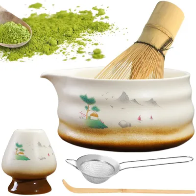 Produktbild von Juksun Matcha Set Tea (5-teilig) Keramik, Bambus Matcha Schneebesen, Matcha Schale, Sieb & Zubehör,weiß