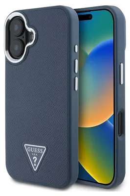 Immagine prodotto di Guess, custodia antiurto per iPhone 16 con superficie granulosa e logo, blu