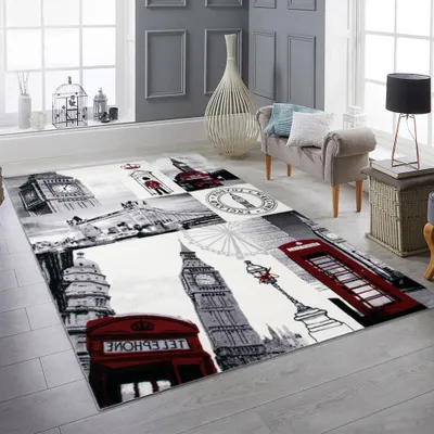 Obrázek produktu pro Moderní koberec London Motiv krémová šedá červená černá do obývacího pokoje Velikost - 200 x 290 cm