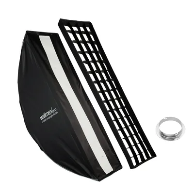 Produktbild von Walimex pro Studio Striplight Softbox 40 x 120 cm + Elinchrom Adapter 15,2 cm, Soft Box inkl. Diffusor, Lichtformer 360°, faltbar, schneller Aufbau, Bowens-Adapter für Studioblitz oder Studioleuchte
